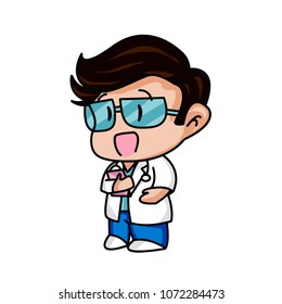Doctor, dentist medical in act of happy smile cute kid comic on white isolated background