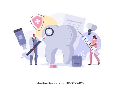 Doctor Dentist and Nurse works Together in Dental Clinic. Medical Staff at Stomatology Center Check up Patient's Teeth. Dentistry Examination Concept. Flat Cartoon Vector Illustration.
