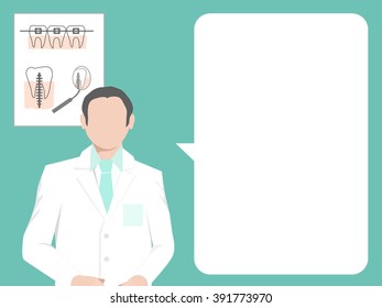 Doctor - dentist on a green background. Behind the doctor hangs a poster with a dental implant, the dental braces and a dental mirror in which the reflection of the tooth with a dental implant.