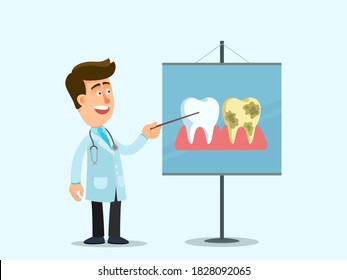 Doctor dentist show picture of human healthy tooth and bad tooth with caries. Specialist orthodontist tells about teeth care and treatment. Vector illustration, flat cartoon style, isolated.