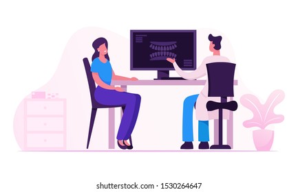 Doctor Dentist Showing Patient Teeth On X-ray Picture Performing On Computer Screen At Dentistry Clinic Office. Woman Sitting At Desk Watching On Radiography Jaw Shot Cartoon Flat Vector Illustration