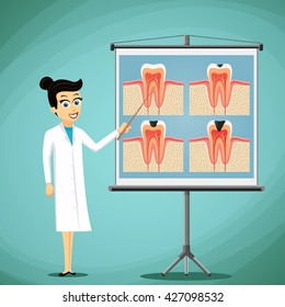 Doctor dentist shows on a blackboard diagram of the human tooth. Stock vector illustration.