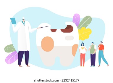 Doctor dentist surgeon character male showing tooth, tiny patient damage teeth flat vector illustration, isolated on white.