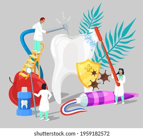 Doctor dentist tiny male and female characters brushing, drilling huge tooth, flat vector illustration. Dental treatment and service, oral care and hygiene, dental health.