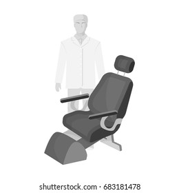 The doctor is a dentist in a white dressing gown in the office next to the chair. Medicine single icon in monochrome style vector symbol stock illustration web.