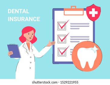 Doctor dentist woman with clipboard checklist and protected teeth. Illustration for web page, banner, poster, template, layout. Flat modern vector concept illustration.