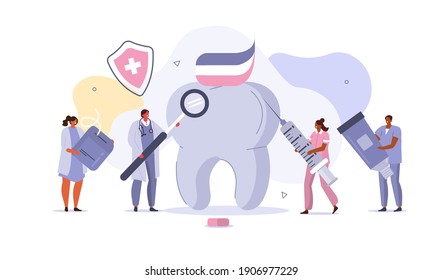 Doctor Dentists and Nurses working Together in Dental Clinic. Medical Staff at Stomatology Center Checking up Patient's Teeth. Dentistry Care and Cleaning Concept. Flat Cartoon Vector Illustration.
