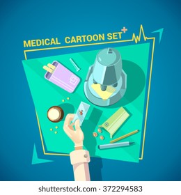 Doctor design set with blood test pills and microscope on blue background cartoon vector illustration 