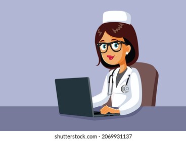 Doctor at the Desk in Her Office Vector Cartoon Illustration. Medic consulting online using technology for telemedicine

