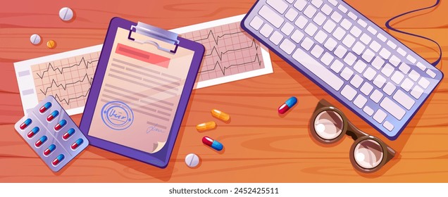 Doctor desk top view with computer keyboard, tablet with prescription or test documents, cardiogram examination, medicine pills and capsules and glasses on wooden surface. Cartoon vector illustration.