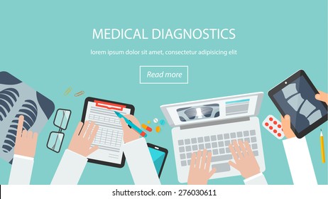 Doctor desk top view.  Web banner with medical staff looking at spine x-ray on tablet pc, examining chest on laptop in doctor's office. Healthcare diagnostics concept. Vector illustration