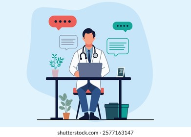 Doctor at a desk using a laptop, with speech bubbles symbolizing communication. Ideal for telemedicine, healthcare, medical consultation, health services, virtual healthcare, and health communication