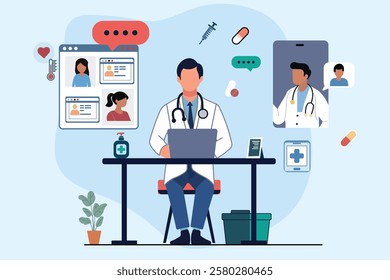 A doctor at a desk using a laptop, surrounded by virtual patient profiles, medical icons, and communication elements. Perfect for telemedicine, online healthcare, and digital medical services concepts