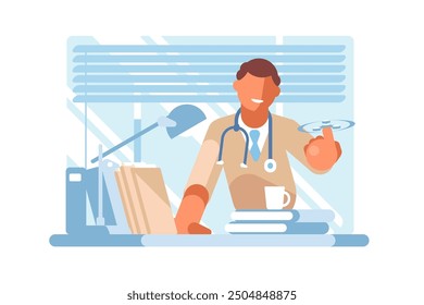 Doctor at Desk - Vektorgrafik mit einem lächelnden Arzt in einer Büroumgebung mit medizinischen Werkzeugen.