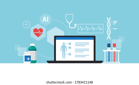 Doctor desktop with laptop, icons and medical equipment, technology and healthcare concept