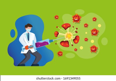 Doctor Destroy Virus With Syringe, Scientist Find Vaccine To Fight Corona Virus Illustration In Cartoon Flat Vector 