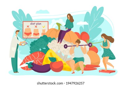 Doctor develop healthy diet, nutritionist show food meal for woman weight loss, vector illustration. Flat consultation for nutrition plan