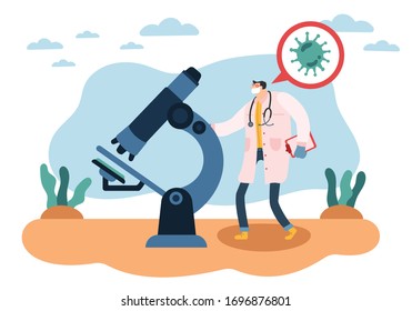 A doctor is developing a vaccine against coronavirus in laboratories.
Antibiotic protection vector illustration concept, people fight with virus. Сan use for, landing page, template, app, poster