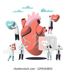 Doctor Diagnose Heart for Cholesterol Presence Image. Woman write Case History in Personal Card. Female bring Pharmacy Medicine Container. Human Hold Ldl Hdl Heart. Flat Cartoon Vector Illustration