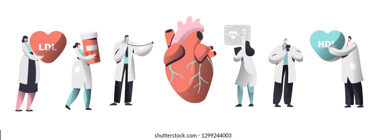 Doctor Diagnose Heart For Cholesterol Presence Set. Chemical Laboratory Data Science Character Collection. Woman Hold Pharmacy Medicine Container. Ldl Hdl Heart Flat Cartoon Vector Illustration