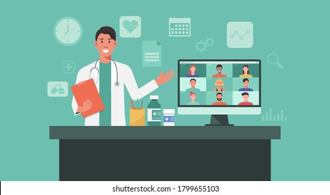 doctor diagnose his patients via video conferencing, online meetings and conference calls on computer, flat vector illustration 