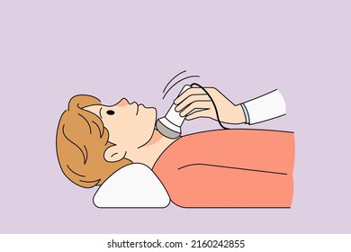 Doctor diagnose male patient thyroid gland on neck. Thyroid disease ultrasound examination in hospital or clinic. Healthcare and medicine concept. Vector illustration. 