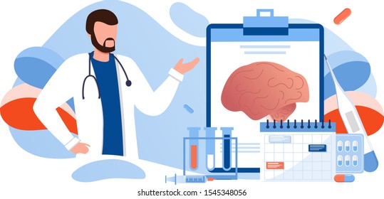 Doctor is diagnosing the brain and senses diseases banner. Stroke and headache, oxygen-deprived brain, migraine. Head tomography. chemical experiment, neurology. Diagnostics development hemisphere. 