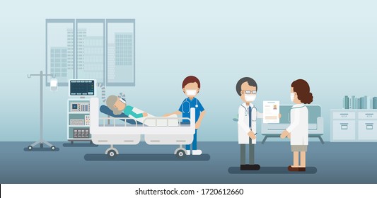 Doctor diagnosis with critical patient and ventilator flat design vector illustration