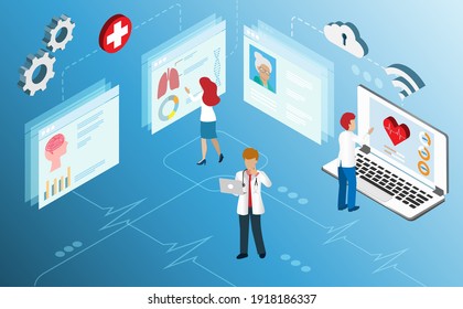 Doctor Diagnosis Of Elderly Patient Using Isometric Medical Records From Online Clouds Computing Data Center. Idea For Research And Development Innovation In Medical And Healthcare Concept. Isometric.