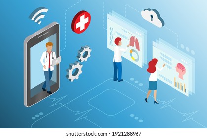 Doctor diagnosis of patient using  medical records from online clouds computing data center. Idea for research and development innovation in medical and healthcare concept. Isometric view.