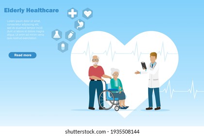 Doctor diagnosis senior couple patient in wheelchair.  Medical and healthcare insurance planning for elderly wellbeing, unhealthy aging  concept. 