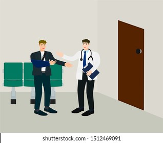 Doctor diagnosis and talking patient broken hand in office of hospital
