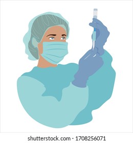 The doctor dials the injection solution into the syringe. In blue protective clothing, a cap, rubber gloves and a medical mask.