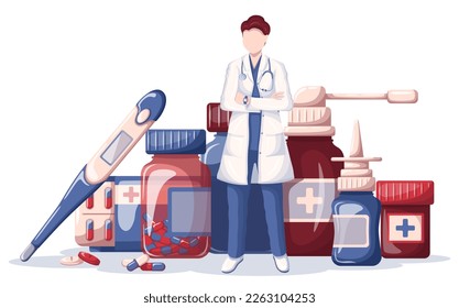 The Doctor and different medicaments. Medicine, pharmacy and healthcare concept. Isolated vector illustration for flyer, poster, banner.