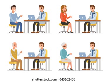 Doctor with different patients. Flat style vector illustration isolated on white background.
