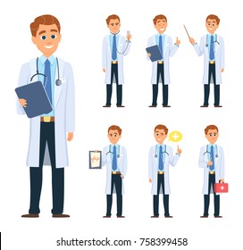 Doctor in different poses. Mascot design in vector style. Doctor character cartoon, medicine physician man illustration