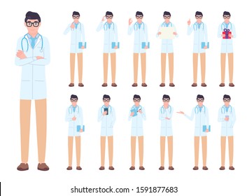 Doctor in different poses set. Male medical, professional character gestures, emotions in various action bundle. Man in glasses with stethoscope. Isolated vector illustration in cartoon flat style