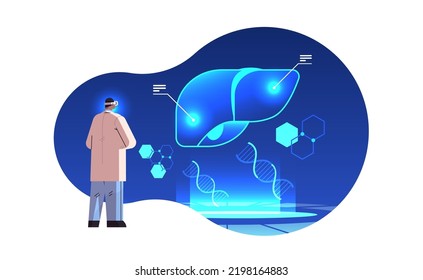 médico en gafas digitales mirando explicación detallada virtual anatómica hígado órgano interno vr visión metaverso