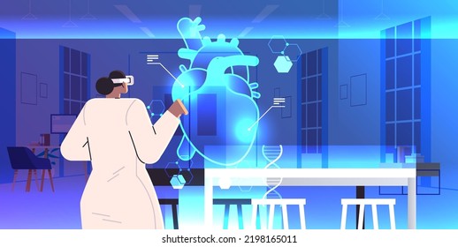 doctor in digital glasses looking at virtual detailed explanation anatomical heart internal organ vr vision metaverse concept