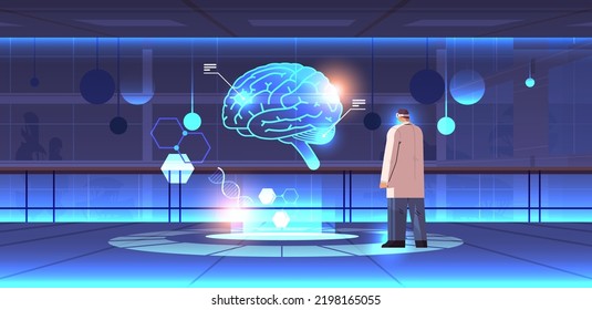 doctor in digital glasses looking at virtual detailed explanation anatomical brain internal organ vr vision metaverse