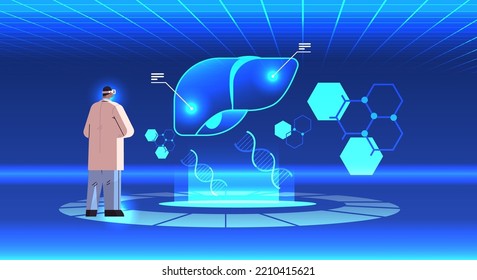 doctor in digital glasses looking at virtual detailed explanation anatomical liver internal organ vr vision metaverse