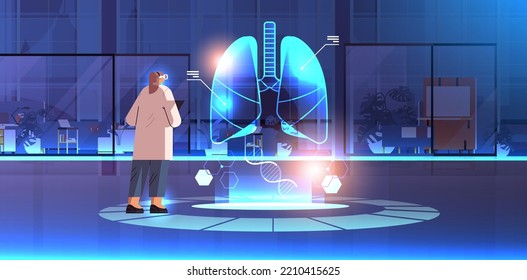 doctor in digital glasses looking at virtual detailed explanation anatomical lungs internal organ vr vision metaverse