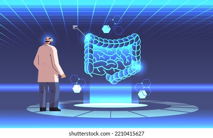 doctor in digital glasses looking at virtual detailed explanation anatomical digestive system internal organ vr vision