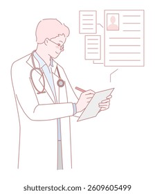 A doctor diligently taking thorough notes while carefully reviewing important patient details and medical records
