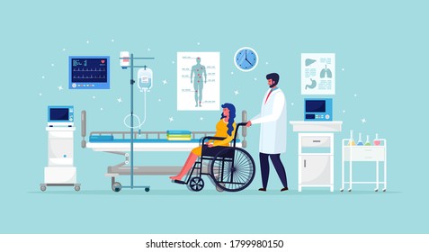 Doctor and disabled patient in medical ward. Woman in wheelchair near hospital bed with dropper intensive therapy. Emergency aid. Clinical test, diagnosis, examination. Hospitalization. Vector design