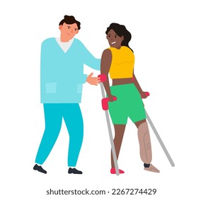 doctor and disabled woman using crutches  with prosthetic leg rehabilitation vector illustration