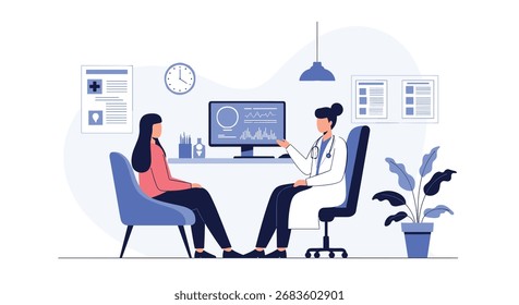 A doctor discusses test results with a patient in a medical office setting.