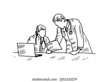 Doctor.	a doctor is discussing about covid-19, on the table there is a laptop and a file is being held by one of the doctors.	Retro vintage sketch vector illustration. Engraving style. black isolated 