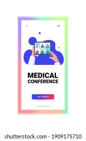 doctor discussing with mix race colleagues during video call on tablet screen medical conference online communication concept vertical portrait vector illustration
