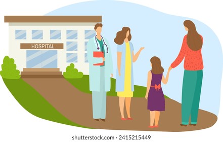 Doctor discussing with mother and daughter outside hospital building. Family at medical appointment with pediatrician. Healthcare and parenting vector illustration.